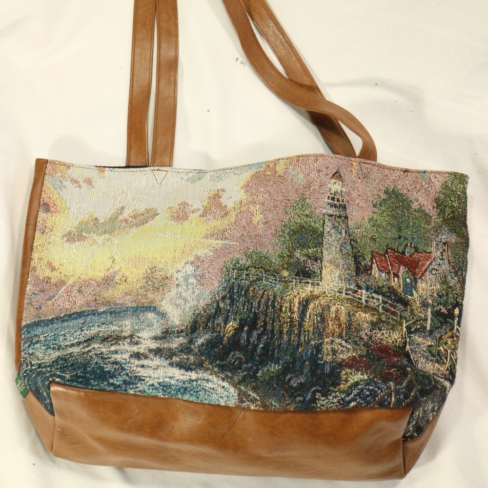 Unique Tan Vegan Leather and Canvas Tote Bag